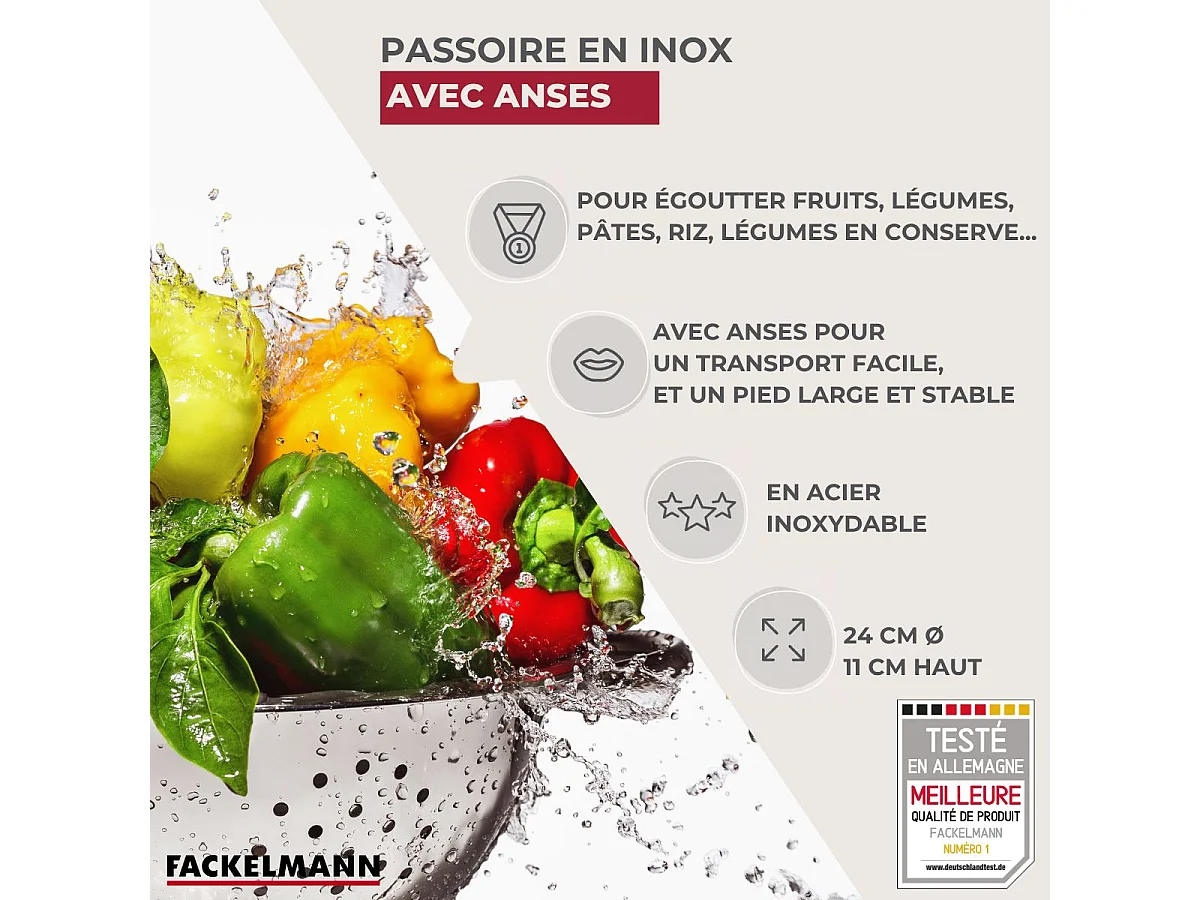 Passoire inox 24 cm avec anses Fackelmann