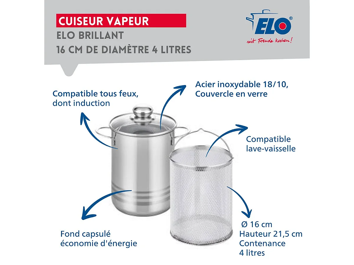 Cuiseur à asperges inox avec couvercle 4 litres Elo Brillant