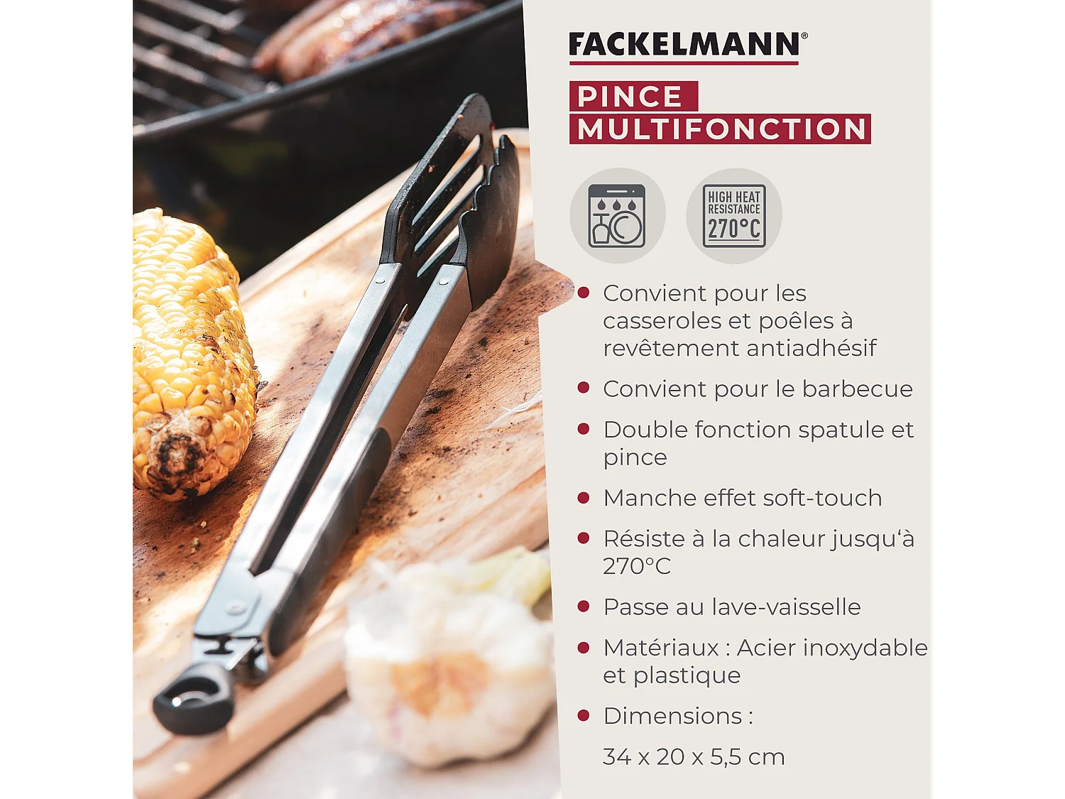 Pince de cuisine double embout 35 cm Fackelmann Penderie