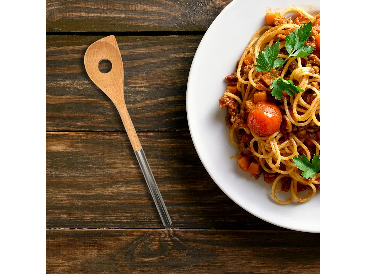 Cuillère en bois biseautée avec un trou manche inox 34 cm Fackelmann Boissellerie