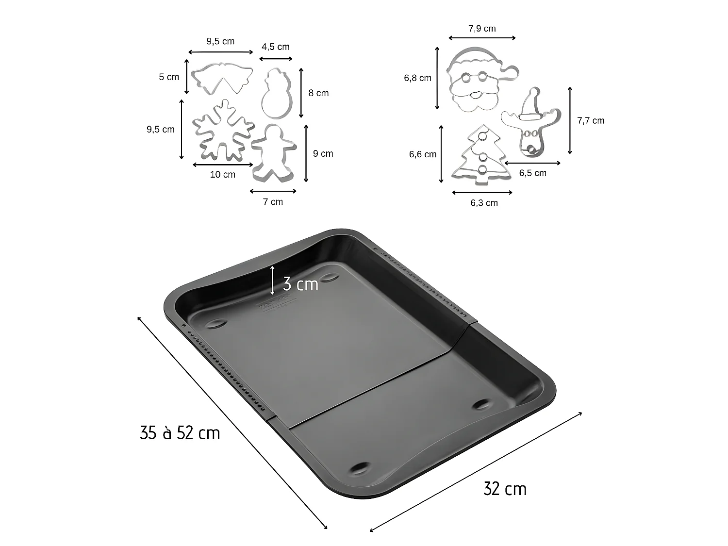 Plaque de four extensible de 35-52 x 32 cm et 7 emporte-pièces de Noël en inox Zenker Noël
