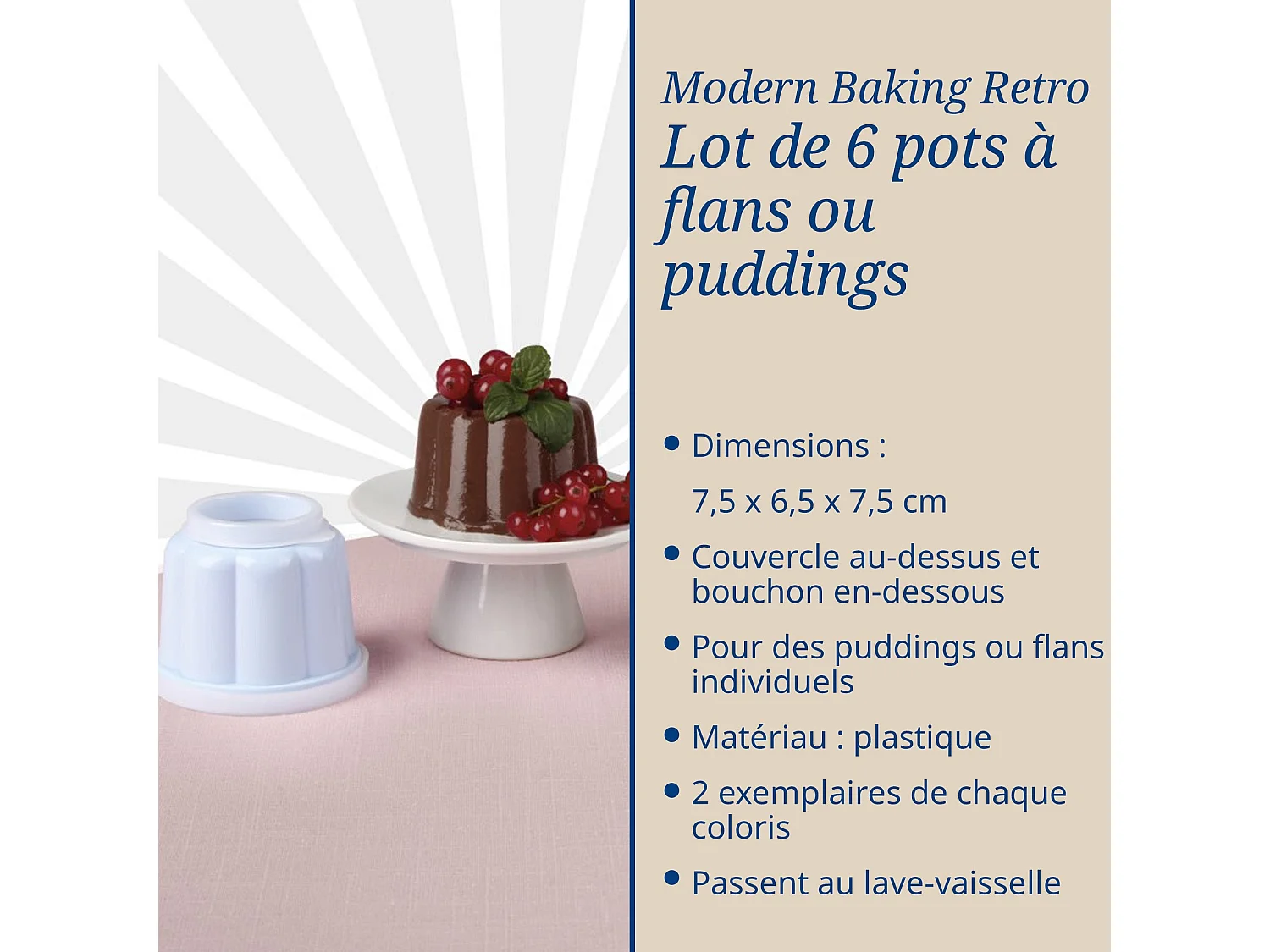 Lot de 6 moules à flans avec couvercle 6,3 x 7,5 cm Dr. Oetker Rétro