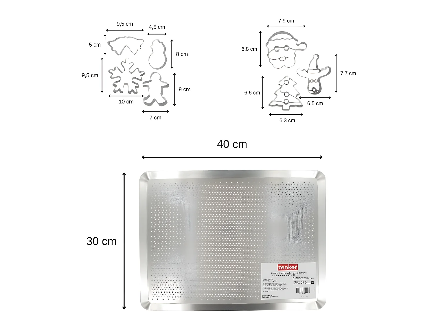Plaque de cuisson four microperforée de 40 x 30 cm et 7 emporte-pièces de Noël inox Zenker Noël