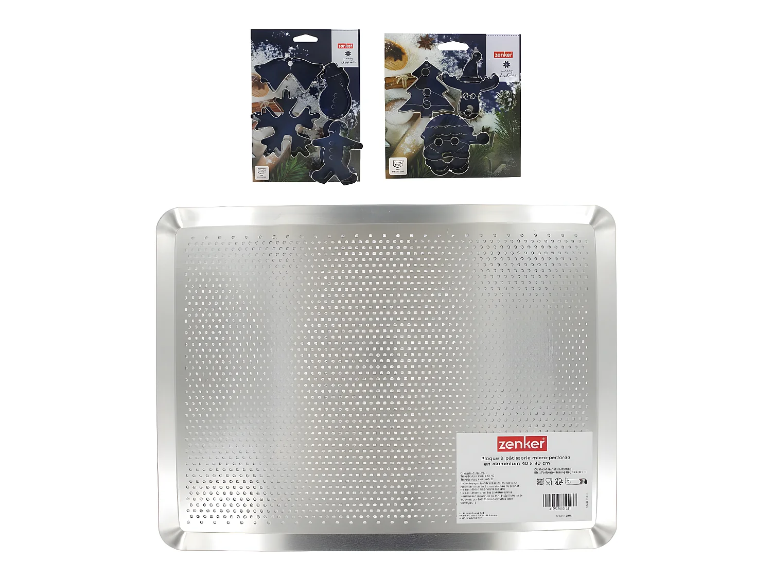 Plaque de cuisson four microperforée de 40 x 30 cm et 7 emporte-pièces de Noël inox Zenker Noël