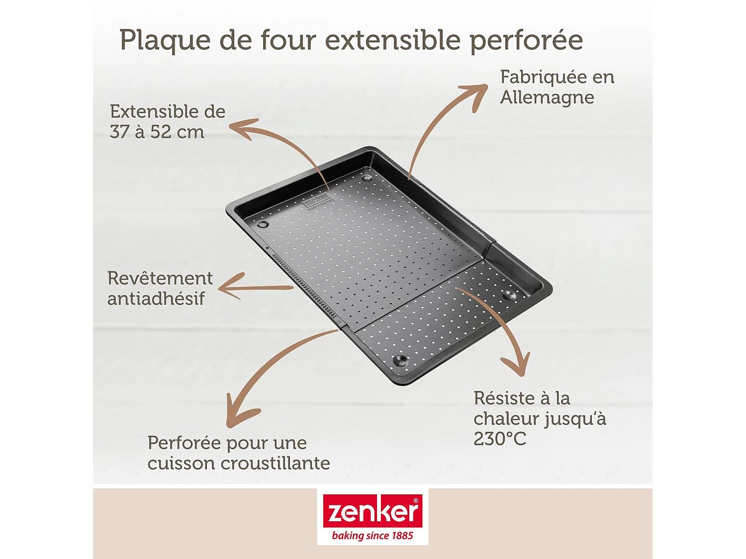 Plaque à pizza rectangulaire perforée extensible 37 à 52 x 33 cm Zenker Black Metallic