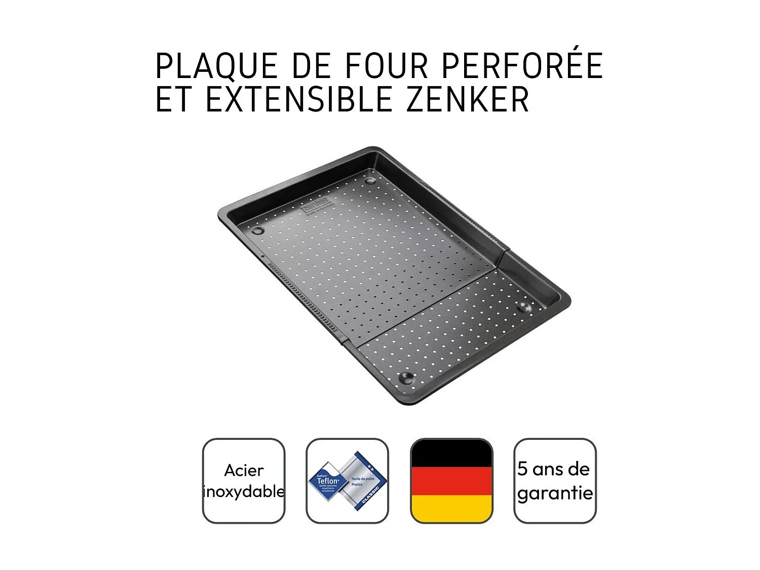 Plaque à pizza rectangulaire perforée extensible 37 à 52 x 33 cm Zenker Black Metallic