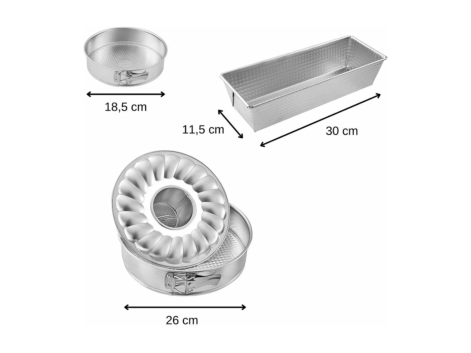 Ensemble de 3 moules à gâteaux avec moule à cake 30 cm + moule manqué 18 cm + moule à manqué et savarin 26 cm Zenker Silver