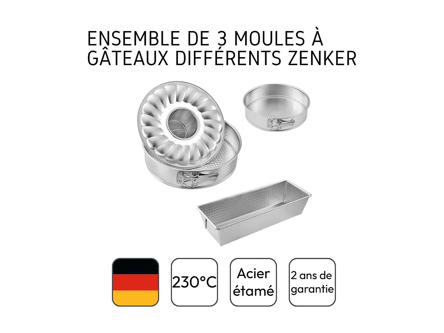 Ensemble de 3 moules à gâteaux avec moule à cake 30 cm + moule manqué 18 cm + moule à manqué et savarin 26 cm Zenker Silver