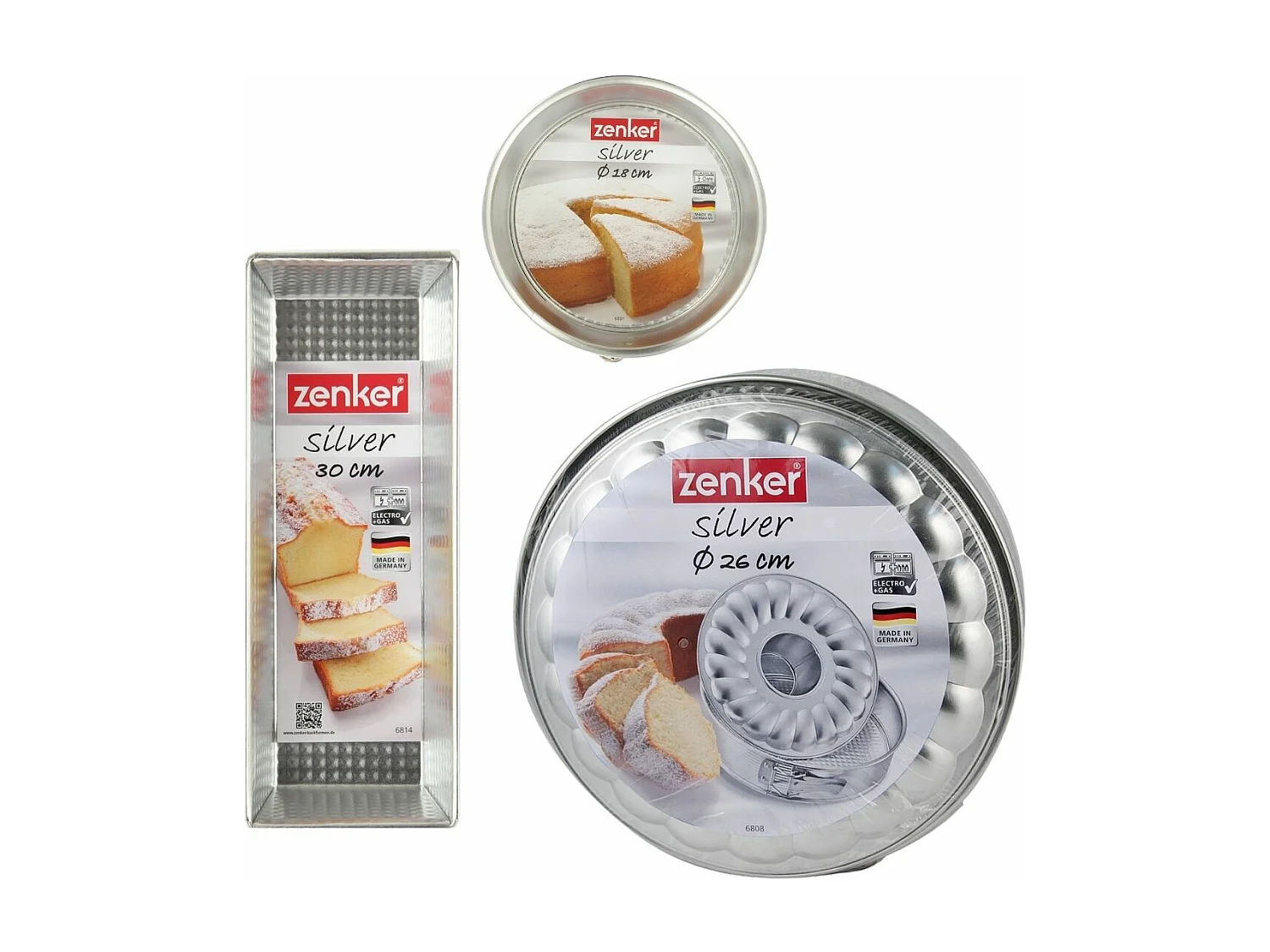 Ensemble de 3 moules à gâteaux avec moule à cake 30 cm + moule manqué 18 cm + moule à manqué et savarin 26 cm Zenker Silver