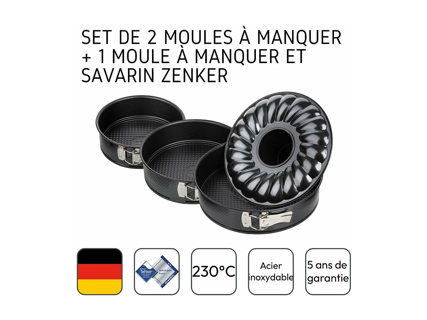 Set de 2 moules à manqué et 1 moule à manqué et savarin diamètres 20, 24 , 28 cm Zenker Black Metallic