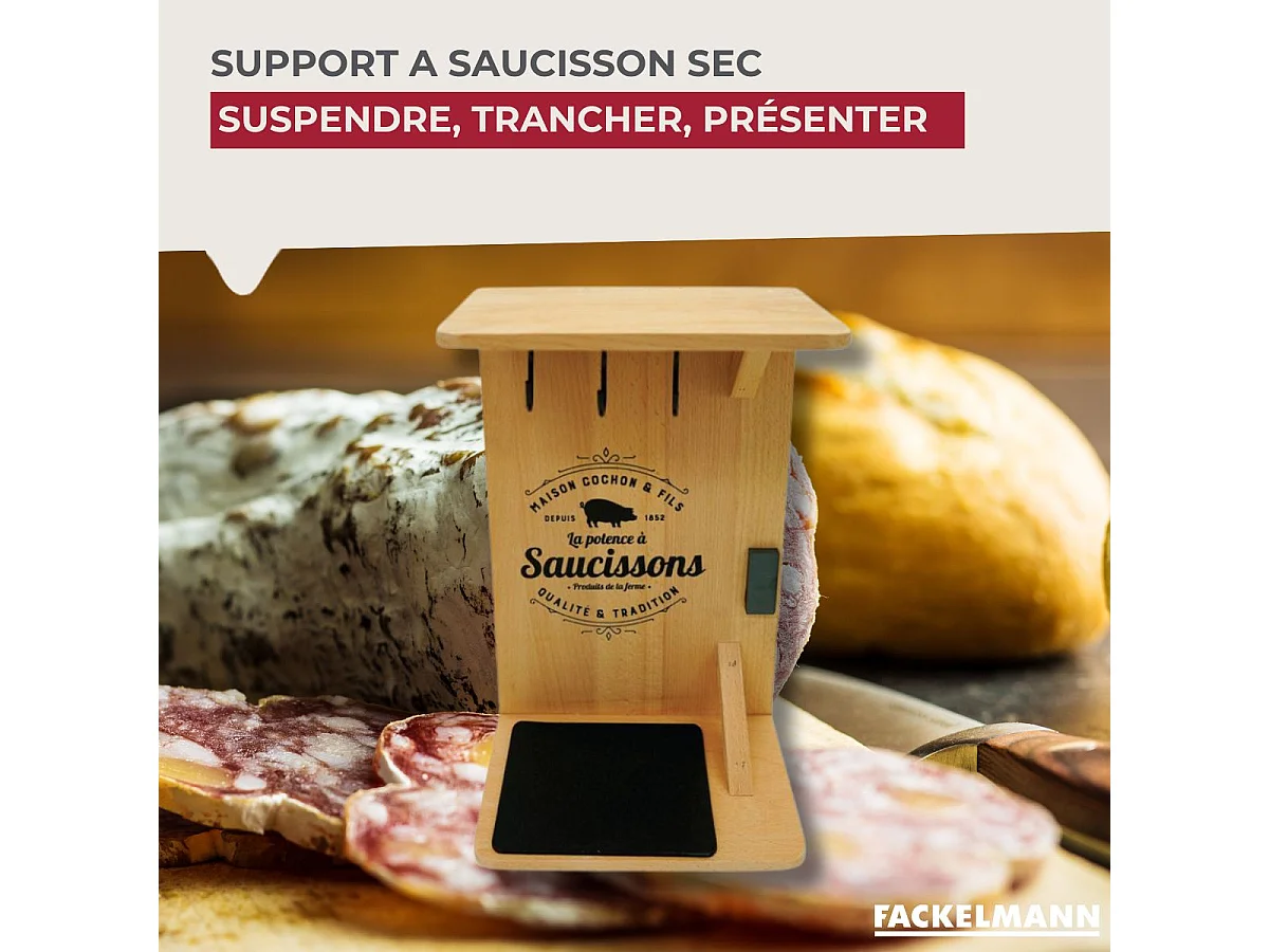 Support en bois pour saucisson sec avec crochets Fackelmann
