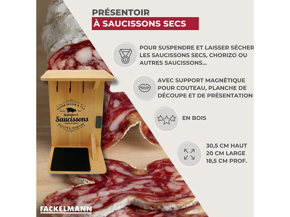 Support en bois pour saucisson sec avec crochets Fackelmann