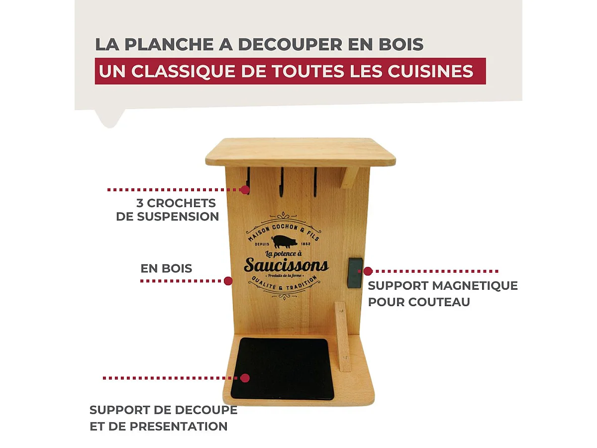 Support en bois pour saucisson sec avec crochets Fackelmann