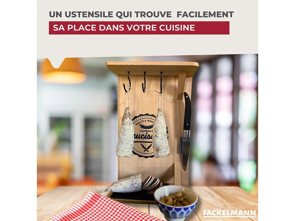 Support en bois pour saucisson sec avec crochets Fackelmann