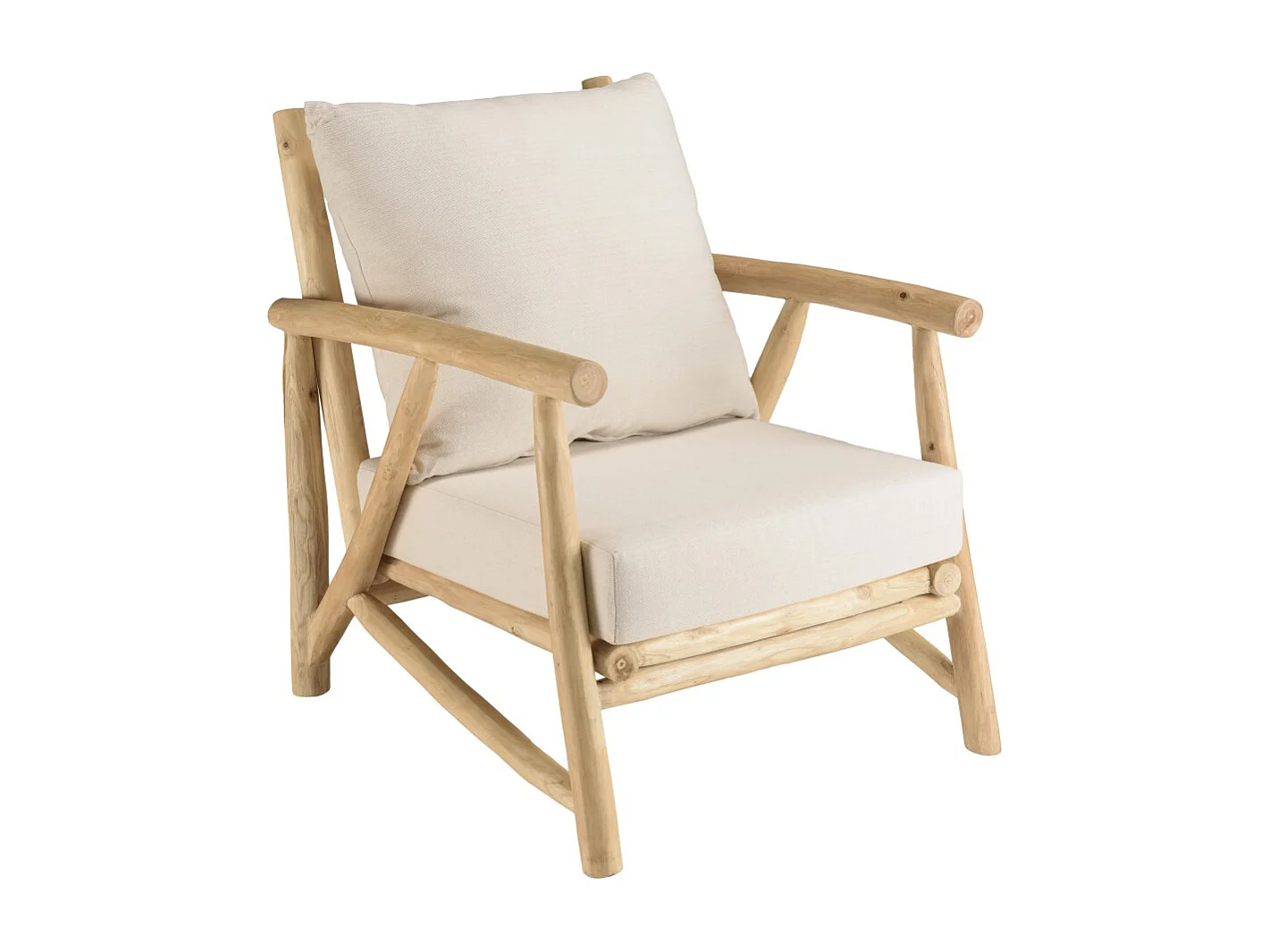 WILL - Fauteuil en branches de bois de teck naturel coussins blancs