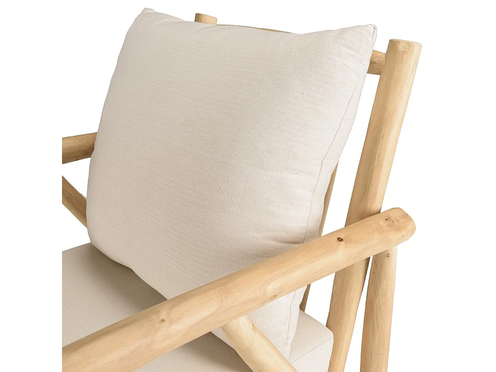 WILL - Fauteuil en branches de bois de teck naturel coussins blancs