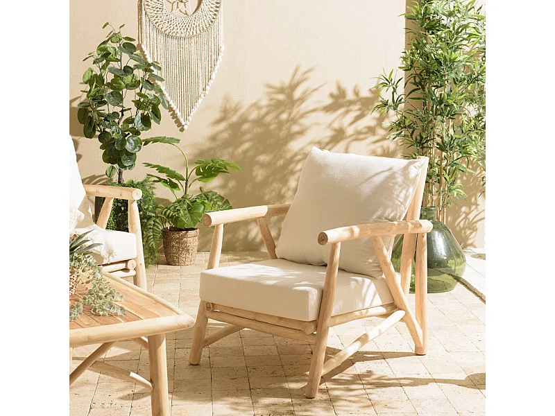 WILL - Fauteuil en branches de bois de teck naturel coussins blancs