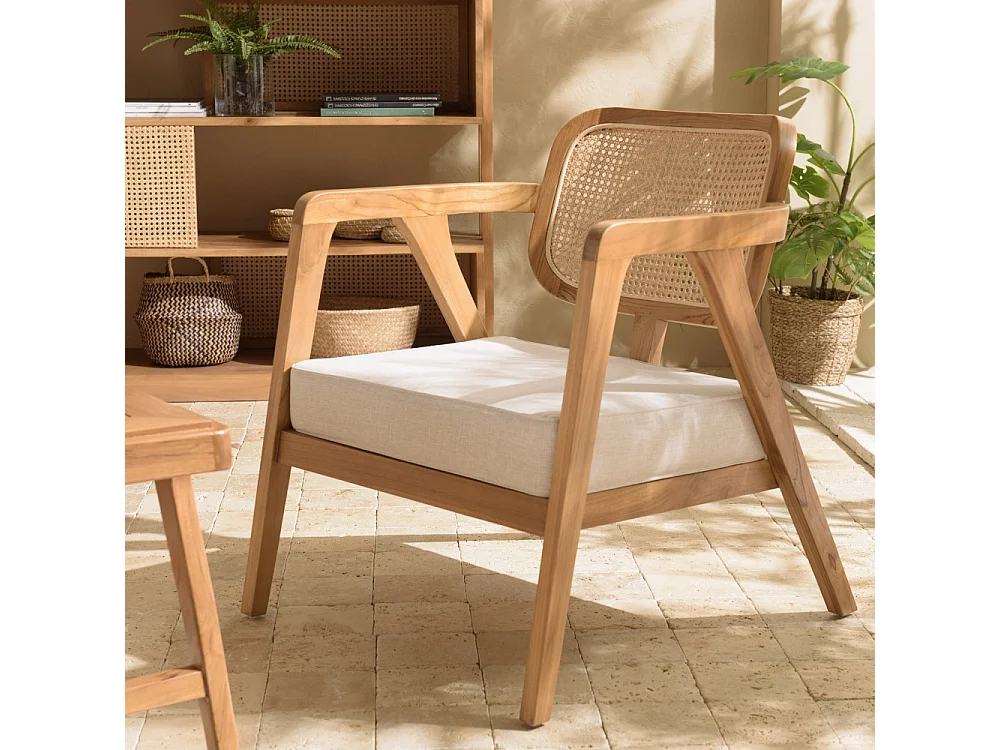WILL - Fauteuil en bois de teck dossier en cannage coussin gris