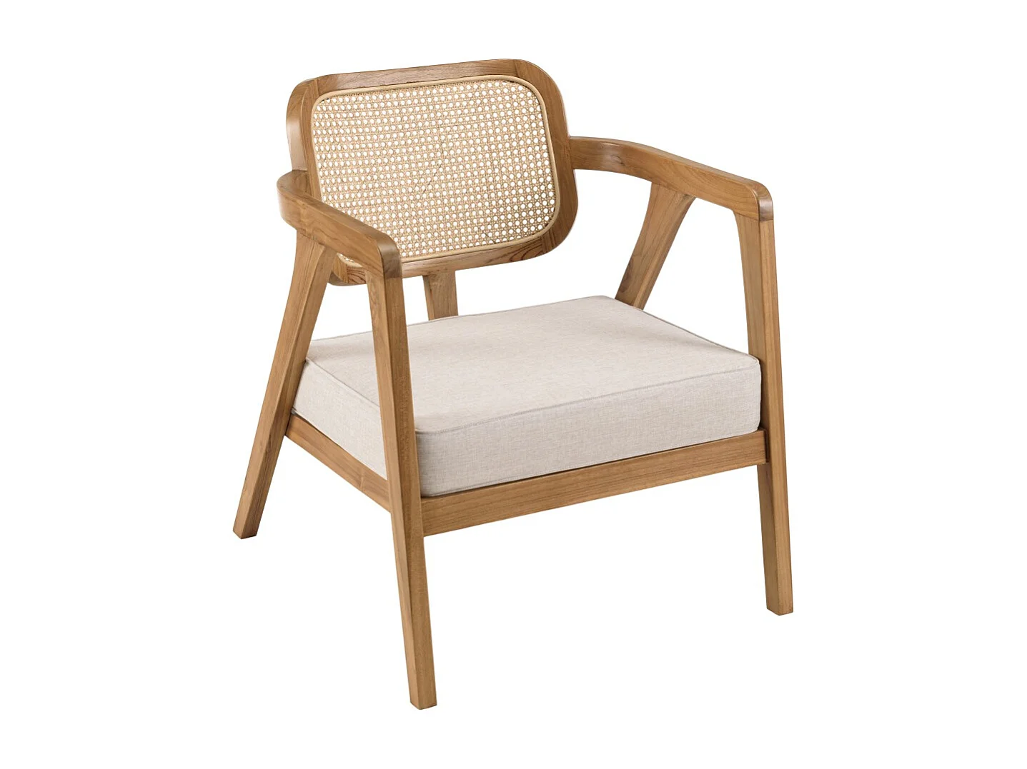 WILL - Fauteuil en bois de teck dossier en cannage coussin gris
