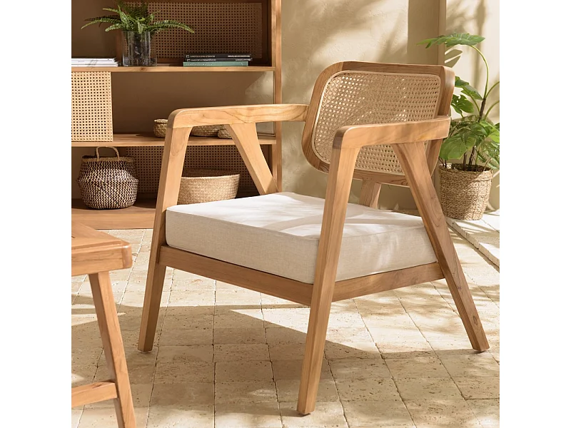 WILL - Fauteuil en bois de teck dossier en cannage coussin gris