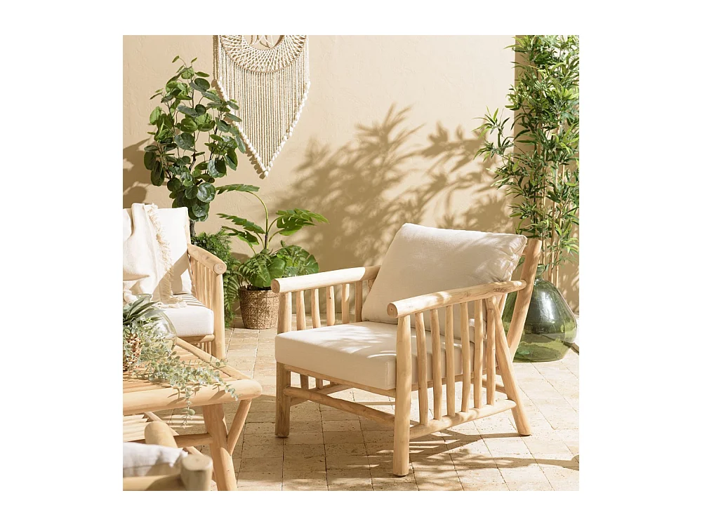 WILL - Fauteuil en branches de bois de teck naturel coussins blancs