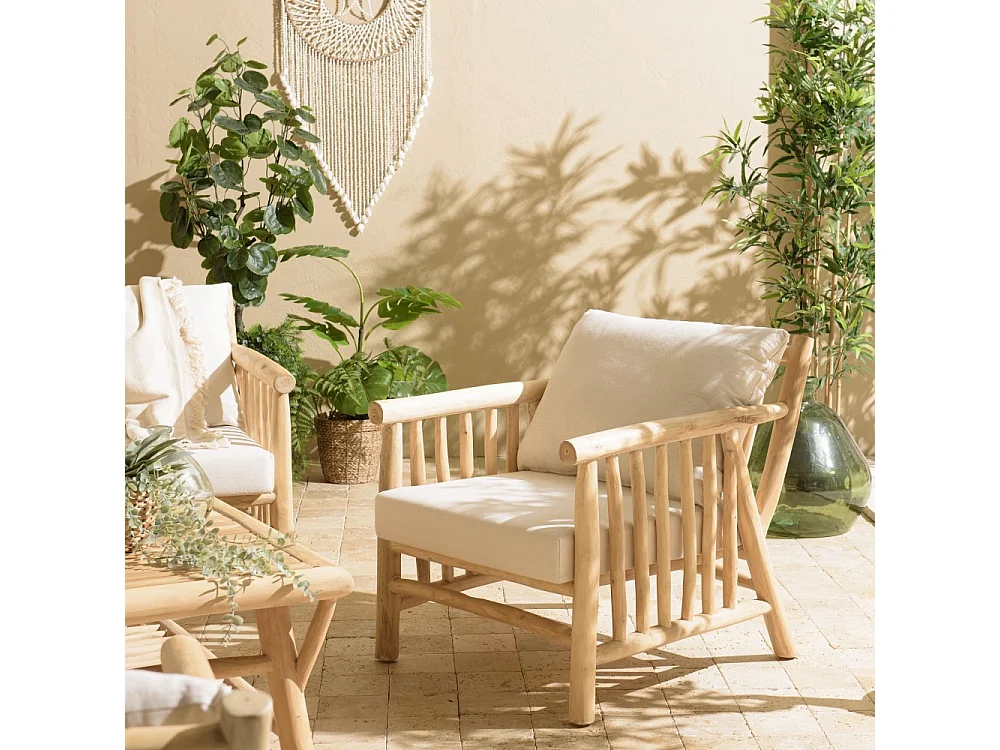 WILL - Fauteuil en branches de bois de teck naturel coussins blancs