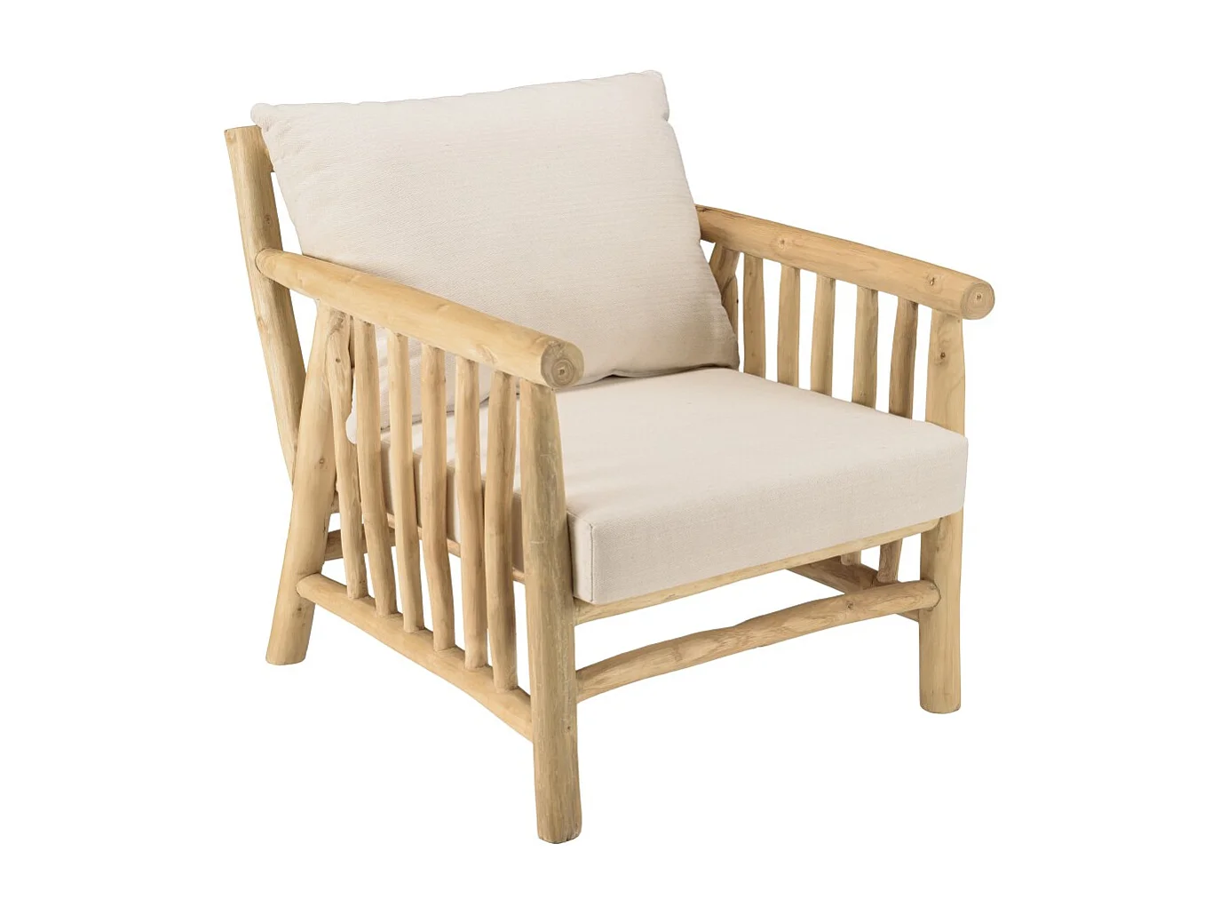 WILL - Fauteuil en branches de bois de teck naturel coussins blancs