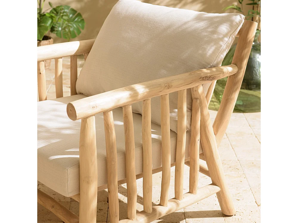 WILL - Fauteuil en branches de bois de teck naturel coussins blancs