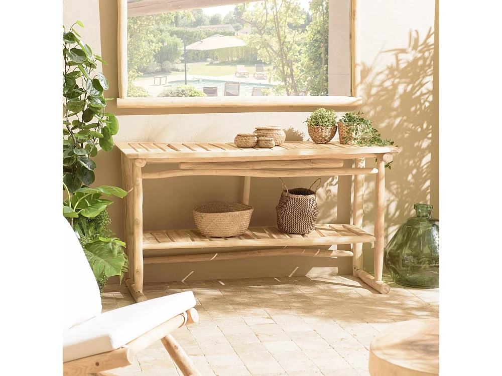 WILL - Console double plateau en branches de bois de teck naturel