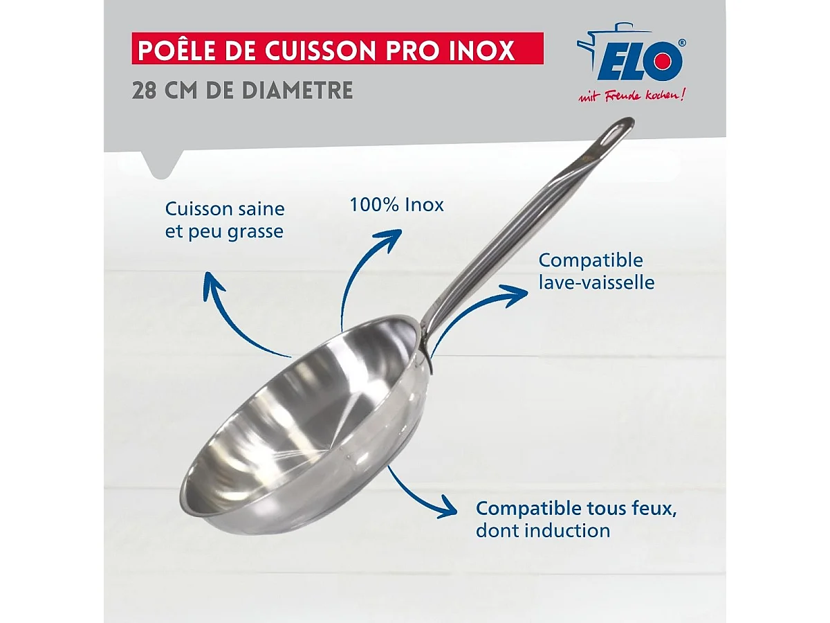 Poêle à frire 28 cm en inox 18/10 sans revêtement de 2,6 litres Elo Profi Therm