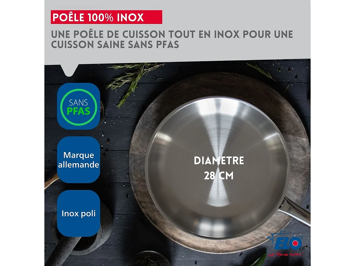 Poêle à frire 28 cm en inox 18/10 sans revêtement de 2,6 litres Elo Profi Therm