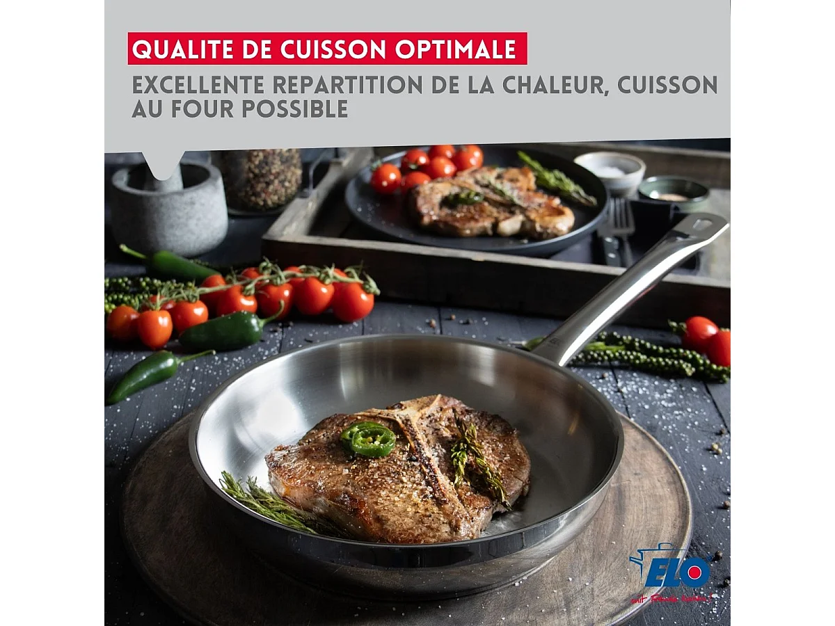 Poêle à frire 28 cm en inox 18/10 sans revêtement de 2,6 litres Elo Profi Therm