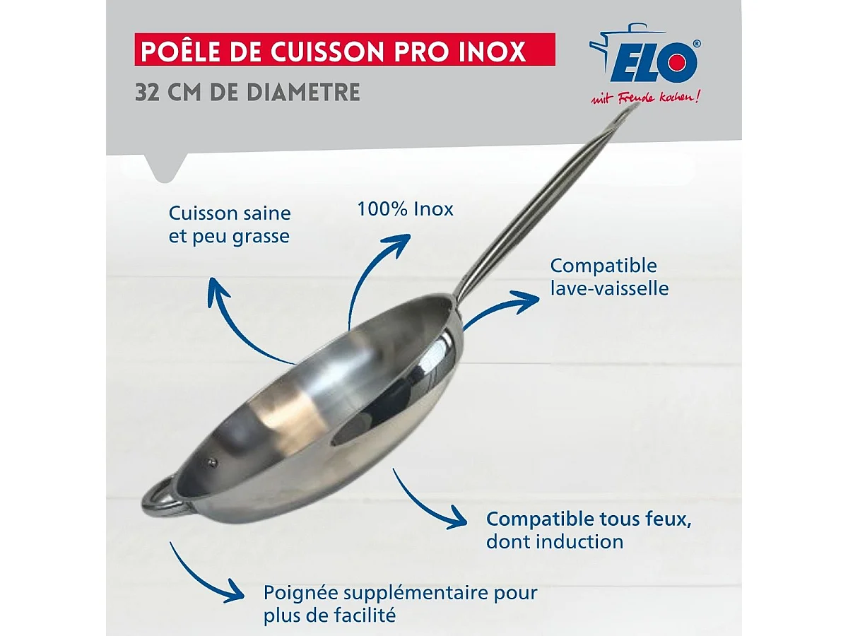 Lot de 3 poêles inox de 24 cm 28 cm et 32 cm Elo Profi Therm