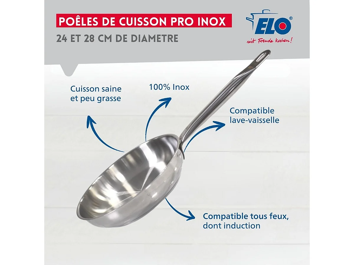 Lot de 3 poêles inox de 24 cm 28 cm et 32 cm Elo Profi Therm