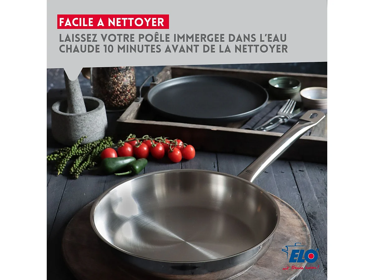 Lot de 3 poêles inox de 24 cm 28 cm et 32 cm Elo Profi Therm