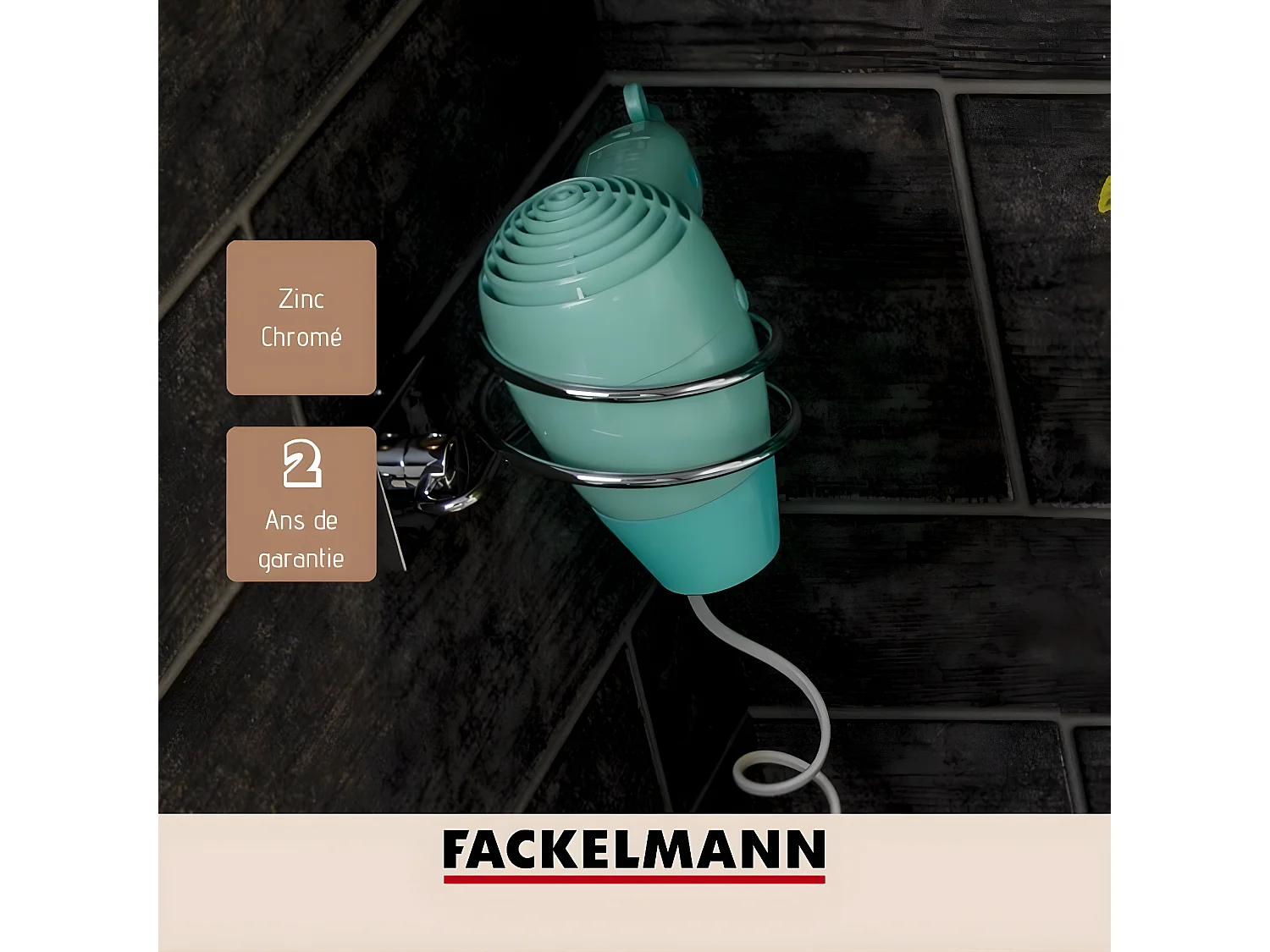 Support sèche cheveux en zinc gris chromé Fackelmann Mare