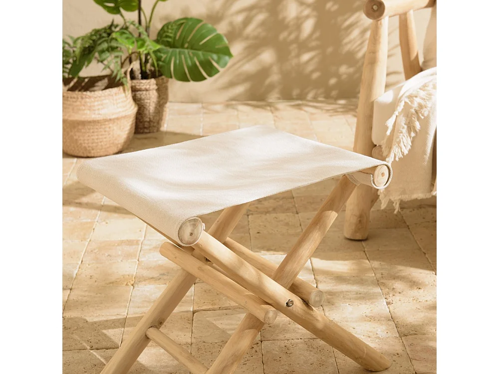 WILL - Tabouret pliant en bois de teck pieds croisés assise tissu