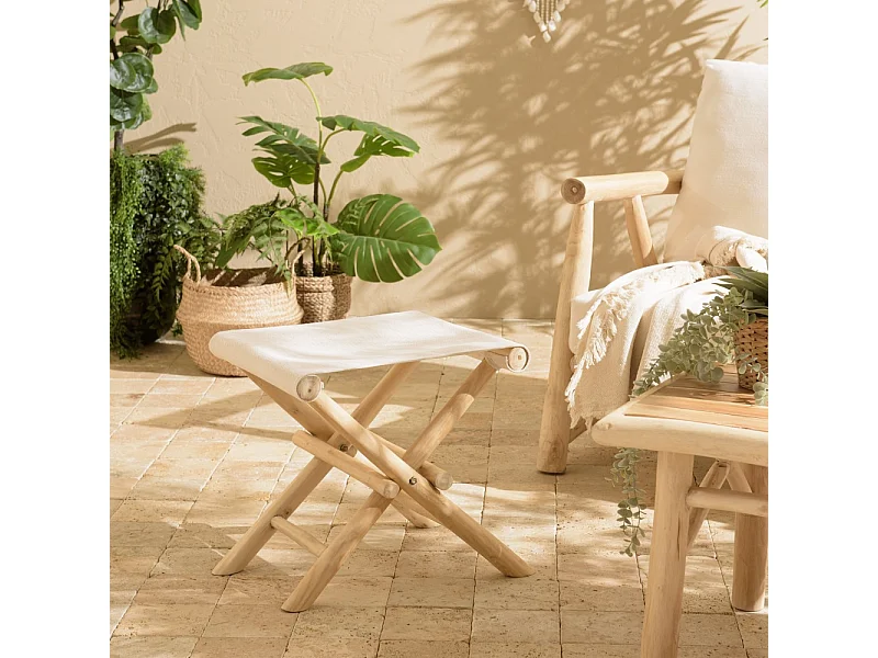 WILL - Tabouret pliant en bois de teck pieds croisés assise tissu