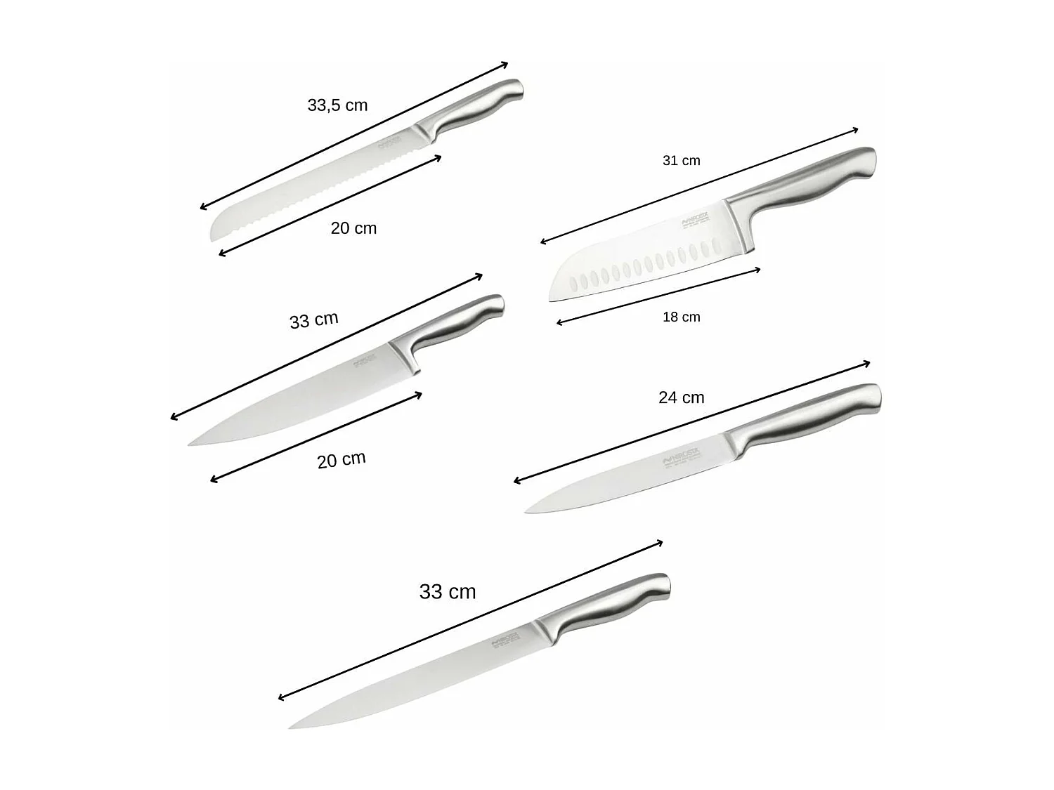 Ensemble de 5 couteaux de cuisine professionnels en inox de 24 à 33,5 cm Nirosta Star