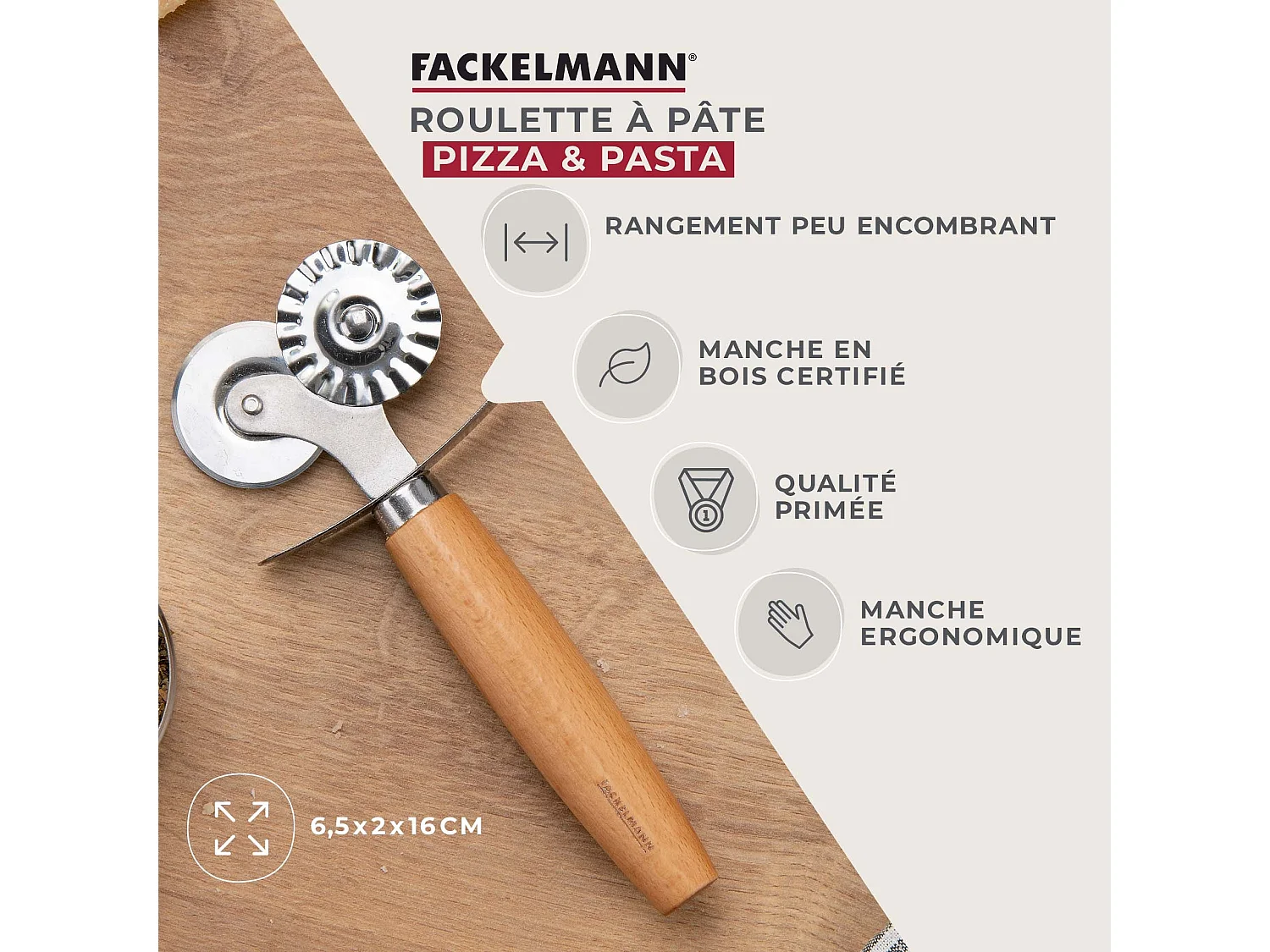 Roulette double embout pour pâtes fraiches 16 cm Fackelmann Pizza & Pasta