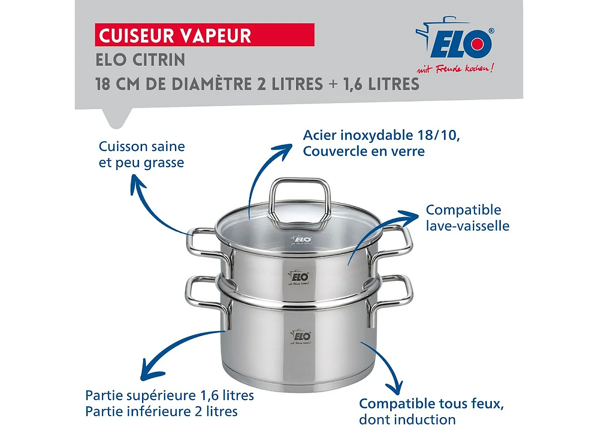 Cuiseur vapeur en inox 18 cm de 2 litres Elo Citrin