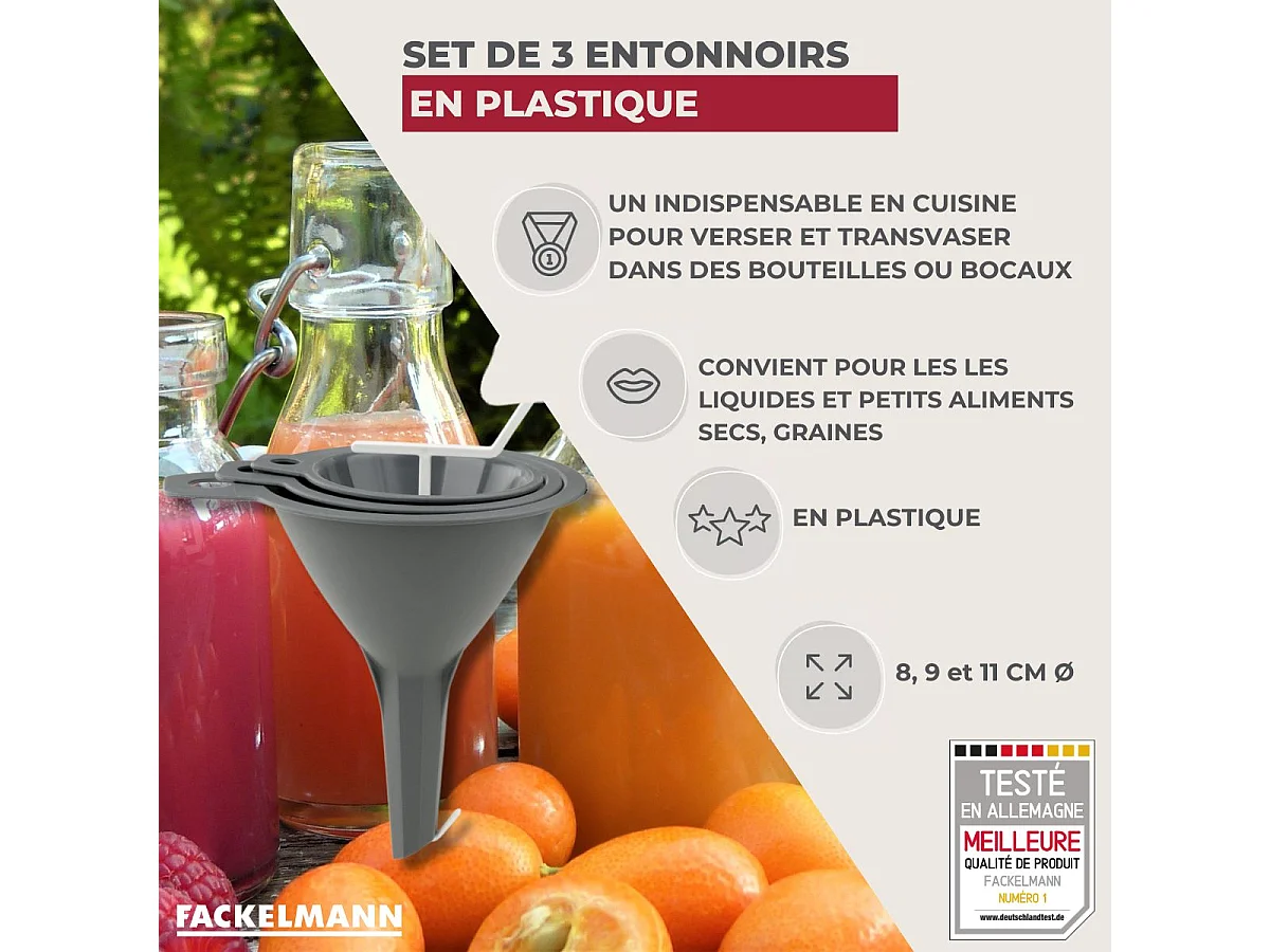 Lot de 3 entonnoirs en plastique 8, 9 et 11 cm Fackelmann
