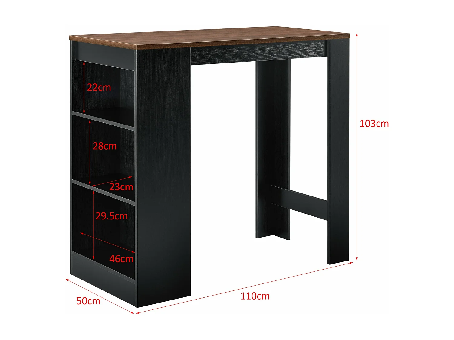 Mesa alta con almacenaje tipo bistro alto 110 cm efecto negro y nogal 03_0006192