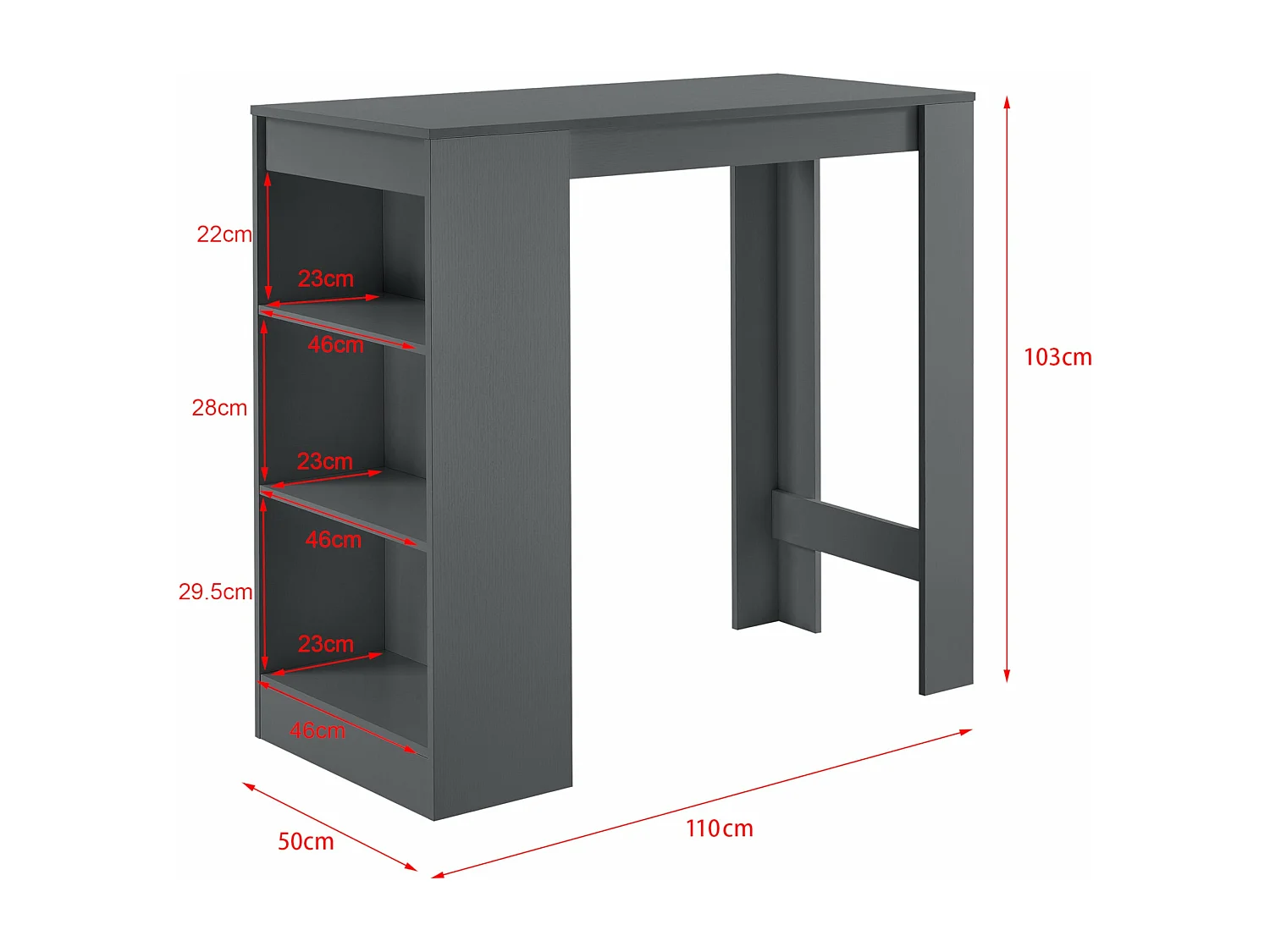 Mesa alta con almacenaje alto tipo bistro con 3 estantes 110 cm gris oscuro 03_0006190