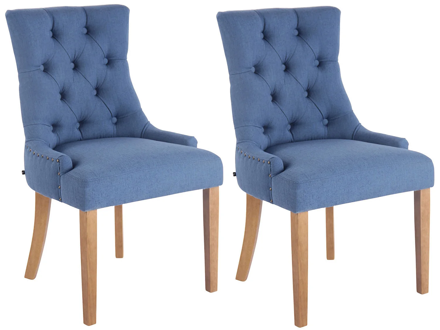Conjunto de 2 sillas de comedor respaldo acolchado diseño clásico tela azul pie madera clara M10_001054