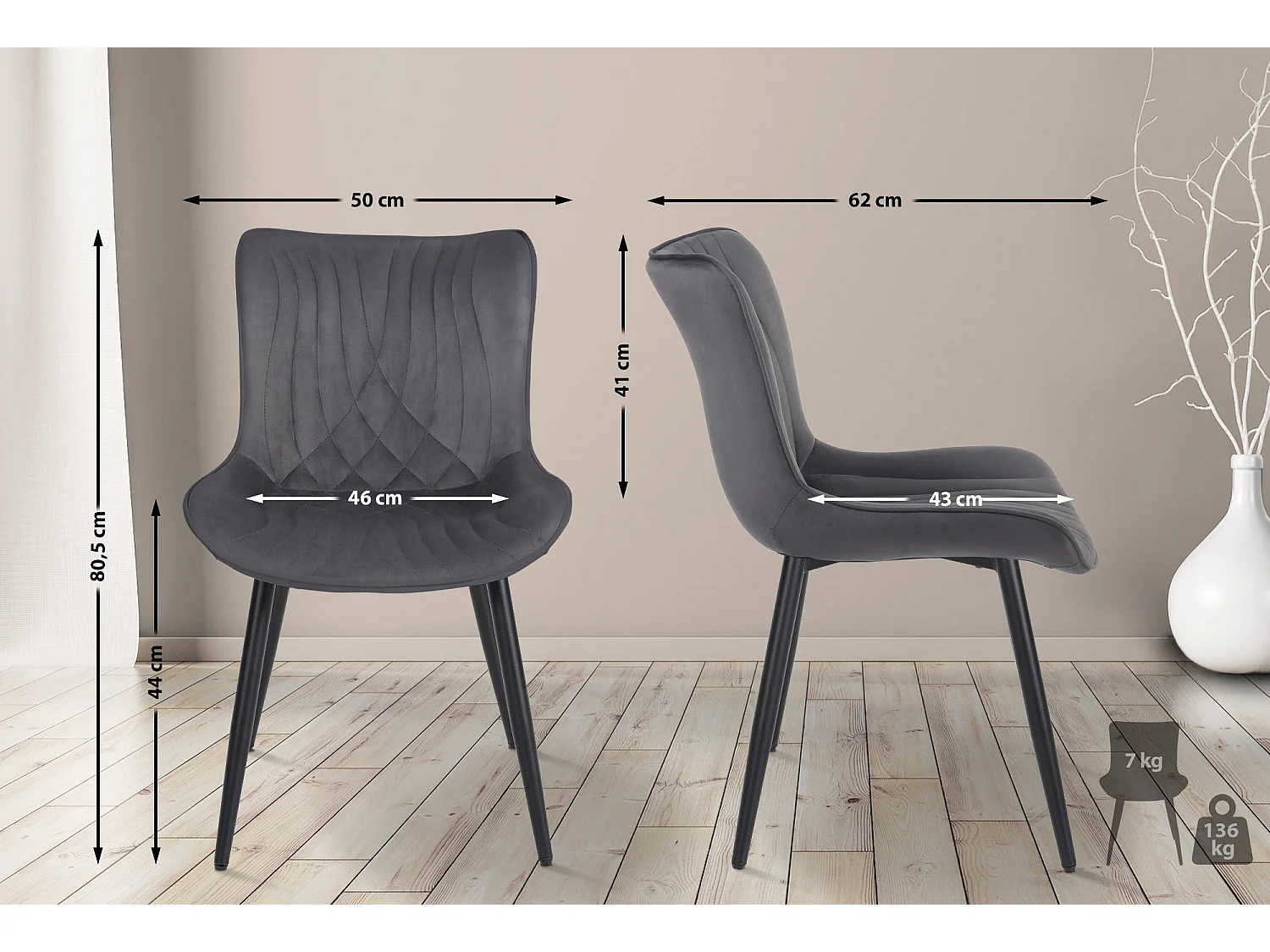 Juego de 2 sillas de comedor cocina terciopelo gris oscuro y metal negro M10_000425