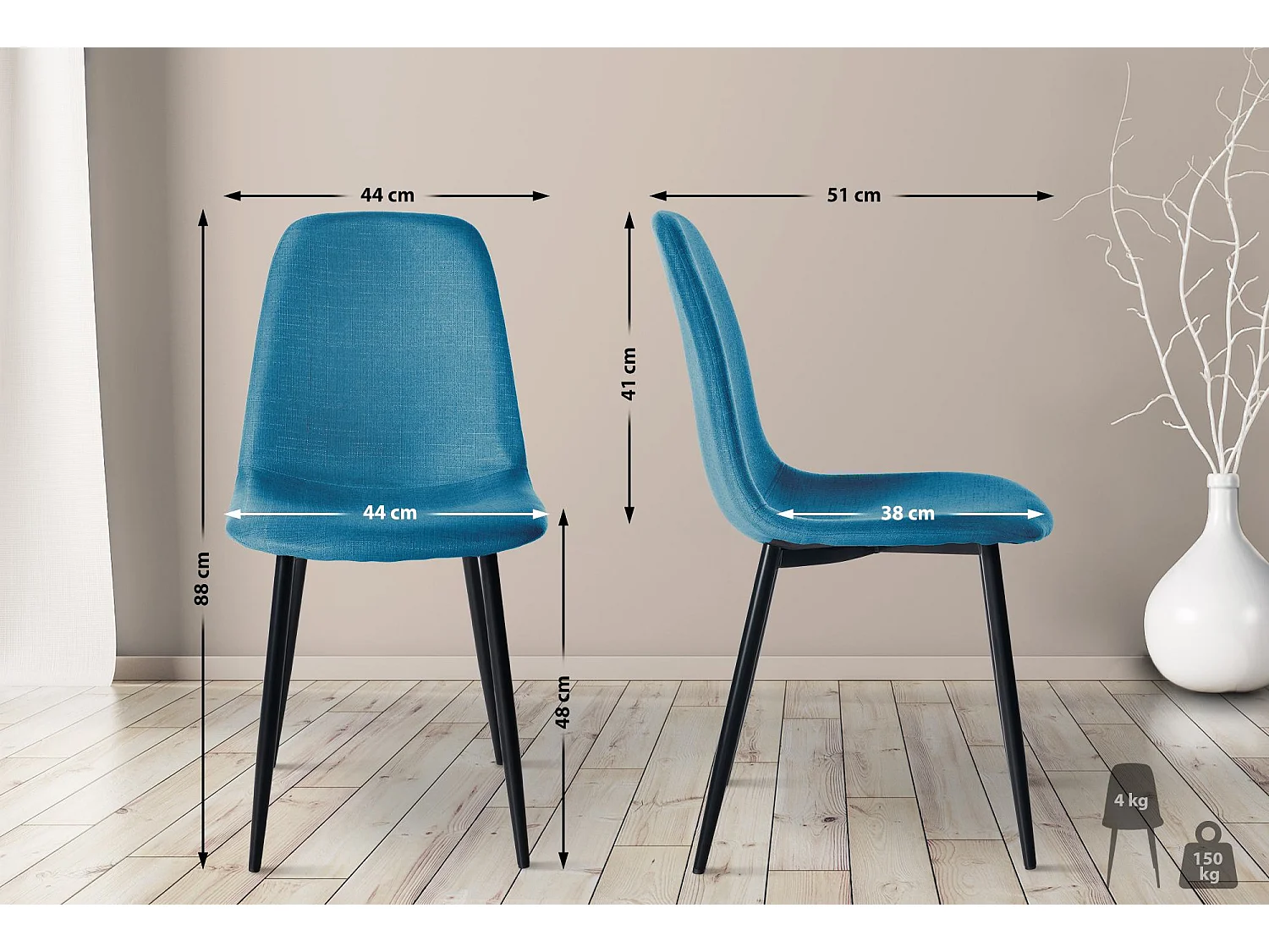 Juego de 4 sillas de comedor cocina estilo moderno tela azul y metal M10_000497