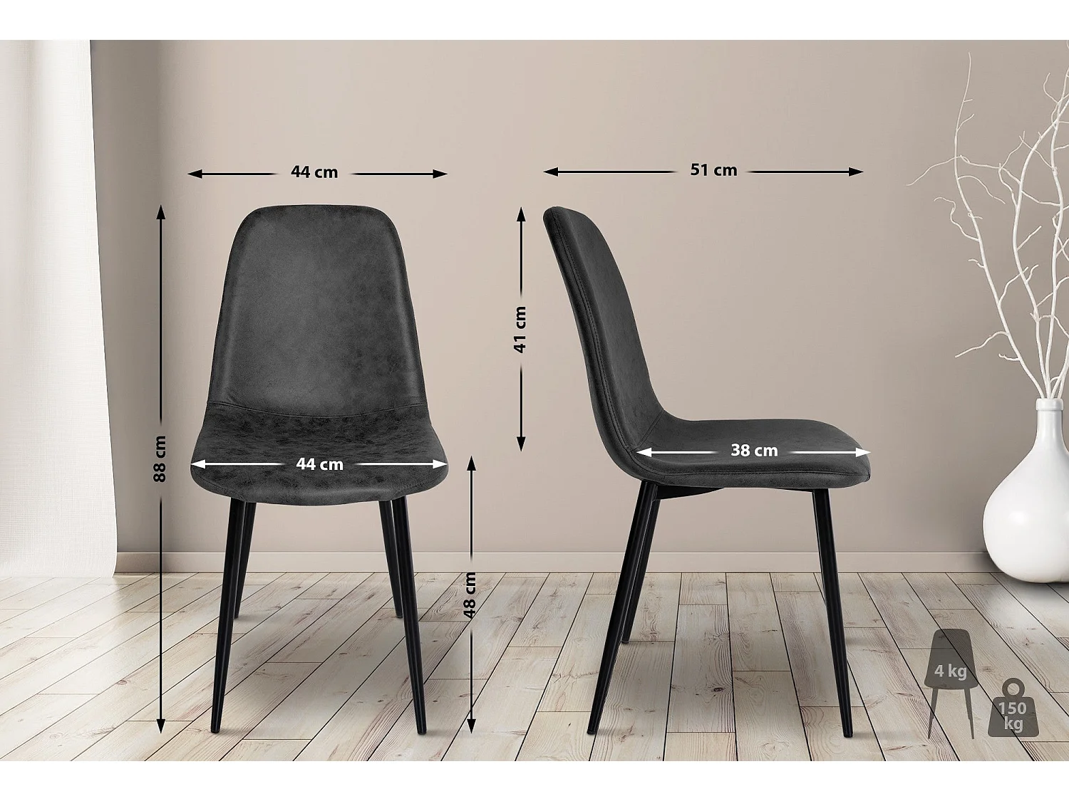 Juego de 4 sillas de comedor cocina estilo moderno polipiel negro y metal M10_000509