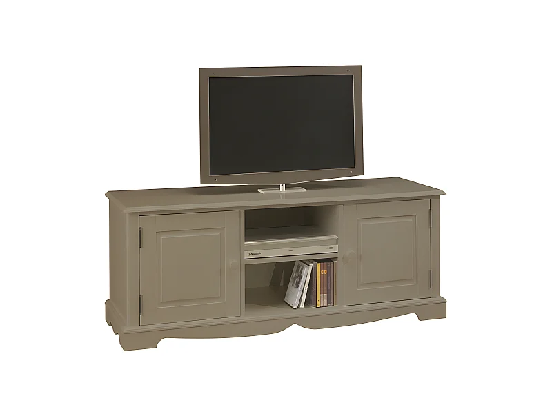 Meuble TV 60 Pouces Taupe Style Anglais 2 Portes 6 Niches 142.4 x 55.5 x 46 cm