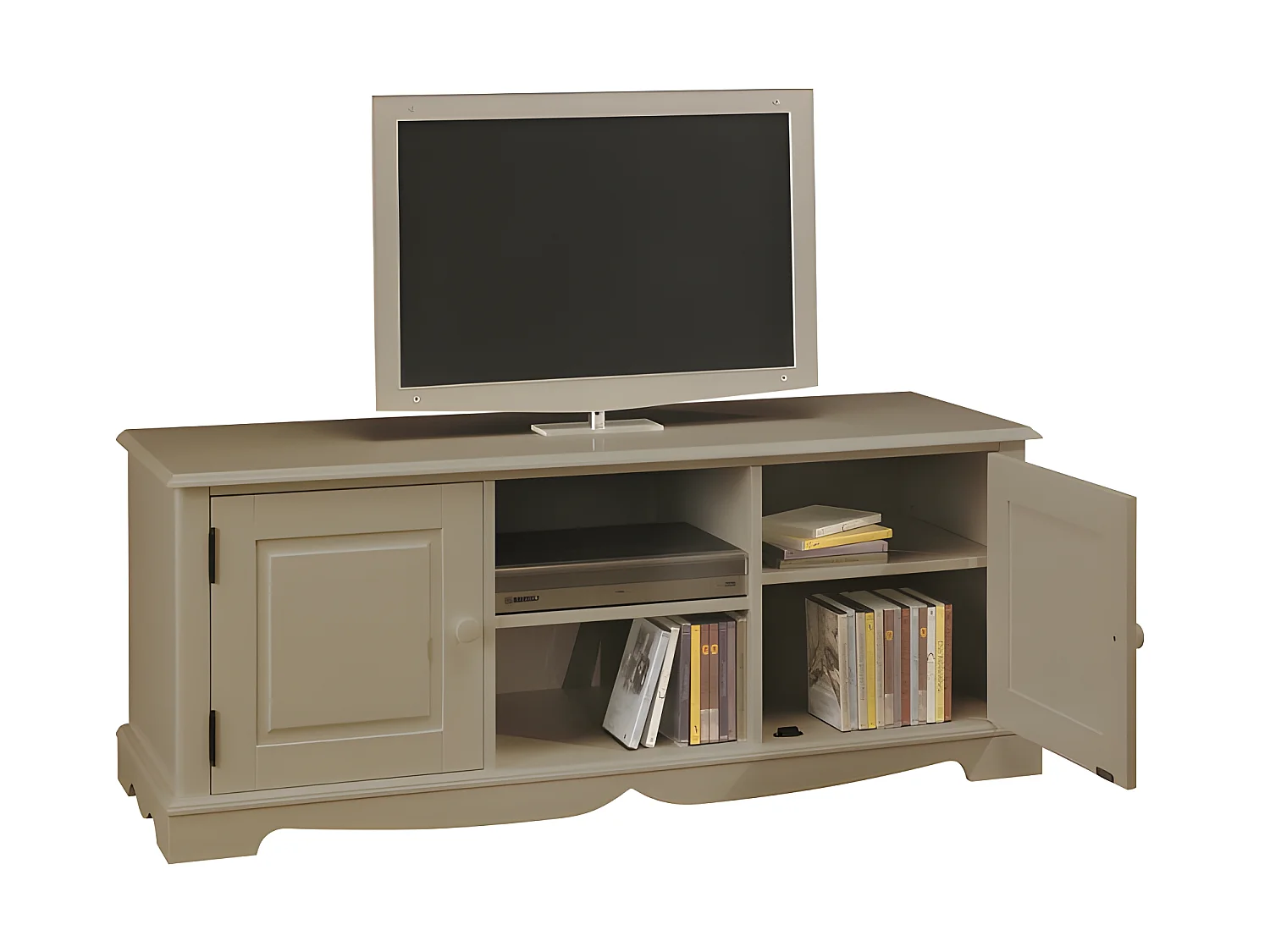 Meuble TV 60 Pouces Taupe Style Anglais 2 Portes 6 Niches 142.4 x 55.5 x 46 cm